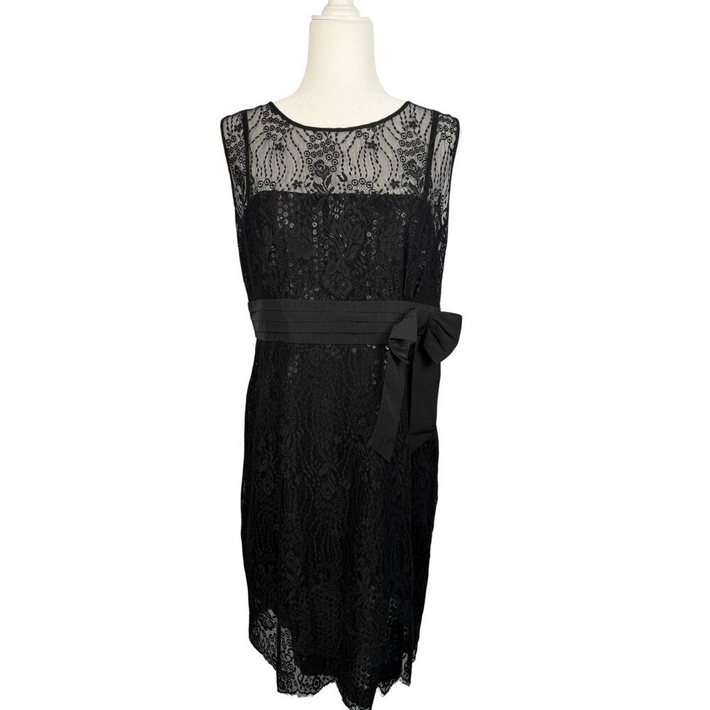 TAHARI Arthur Levine Sequin Lace Dress Black 14P Sheath Midi Formal Party MOB